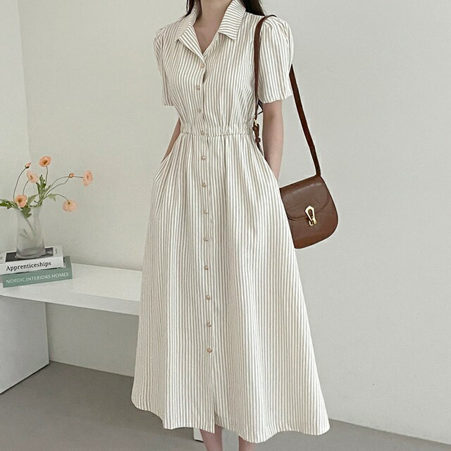 襟付き シャツワンピース ストライプ ロング ワンピース 春 カジュアル レディース ワンピース 夏 ワンピース 春 きれいめ シャツワンピース 半袖
