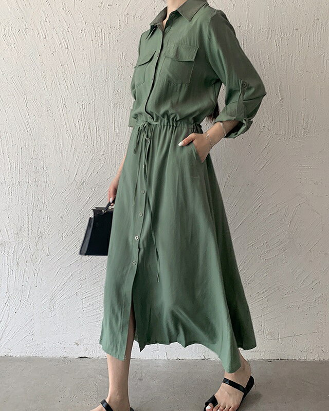 襟つき ワンピース 春 きれいめ ワンピース ロング丈 ワンピース 長袖 ロング 春 秋 ワンピースドレス 上品 シンプル カジュアル 無地 大きいサイズ 3L leap-ec-10009589 パーティードレス通販Leap サンプル画像3