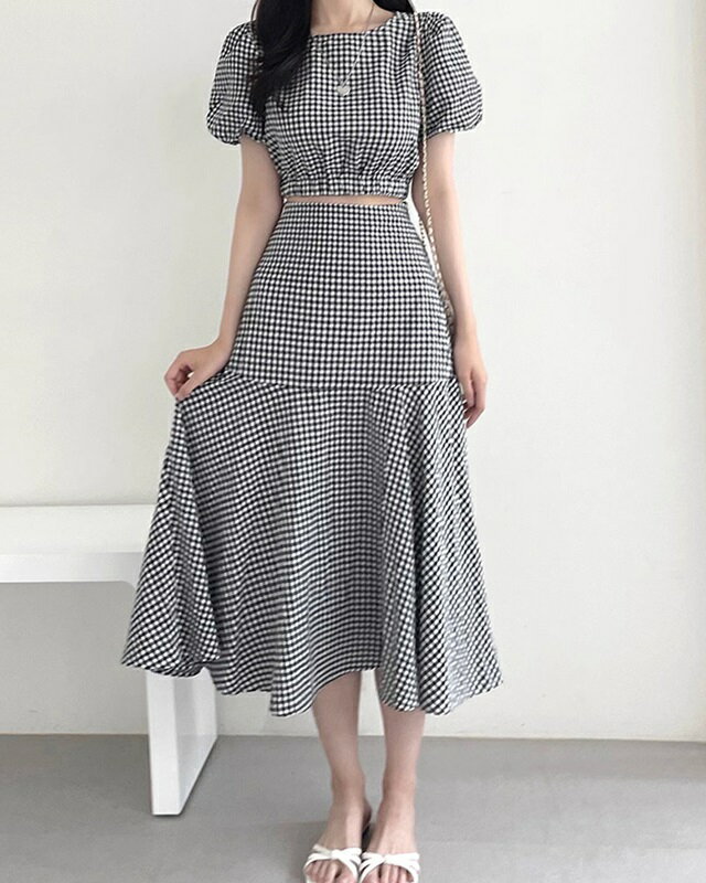 セットアップ レディース ロングスカート トップス 2点セット ギンガムチェック スカート ミモレ丈 ショート丈 トップス 半袖 リゾートファッション ワンピー...