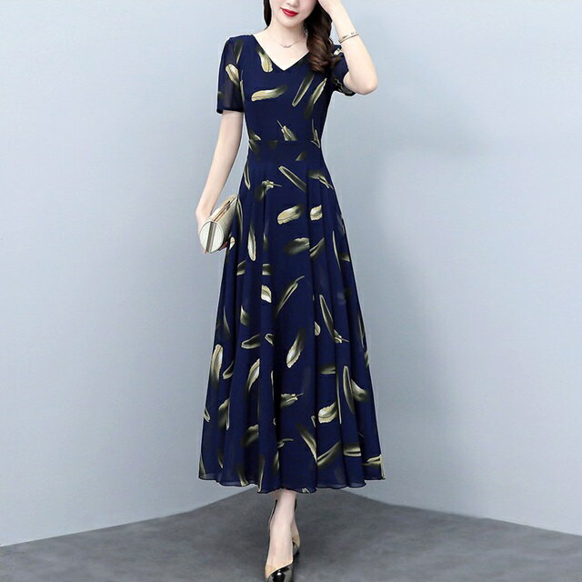 ワンピース 半袖 きれいめ ロングワンピース 半袖 夏 レディース パーティードレス 大きいサイズ 3L 4L 5L 6L 結婚式 お呼ばれドレス Vネック 総柄