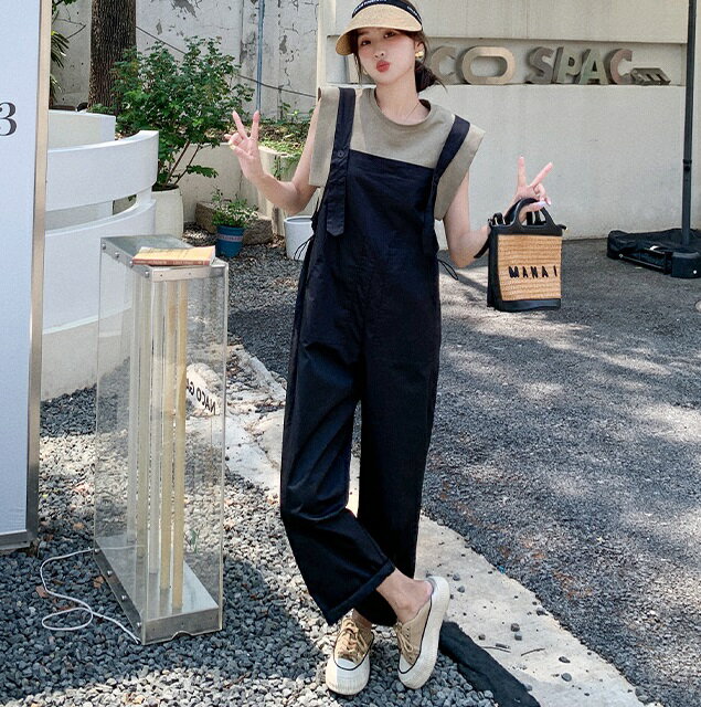 オーバーオール Tシャツ 2点セット オールインワン レディース セットアップ 大きいサイズ ジャンプスーツ パンツ ハイウエスト ワイドパンツ 無地 シンプル ゆったり 体型カバー