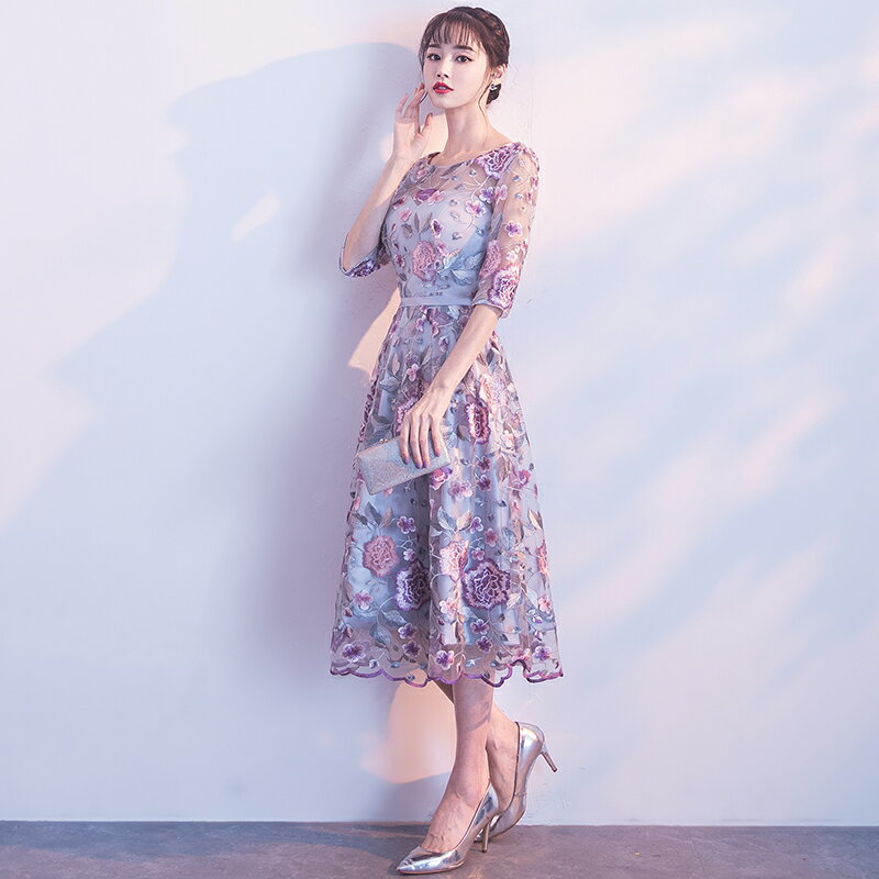パーティードレス ドレス ひざ丈 ミモレ丈 ワンピース 結婚式 お呼ばれ 大きいサイズ 3L 袖あり 五分袖 Aライン 花柄 刺繍 シースルー フレア ラウンドネック 上品 20代 30代 40代