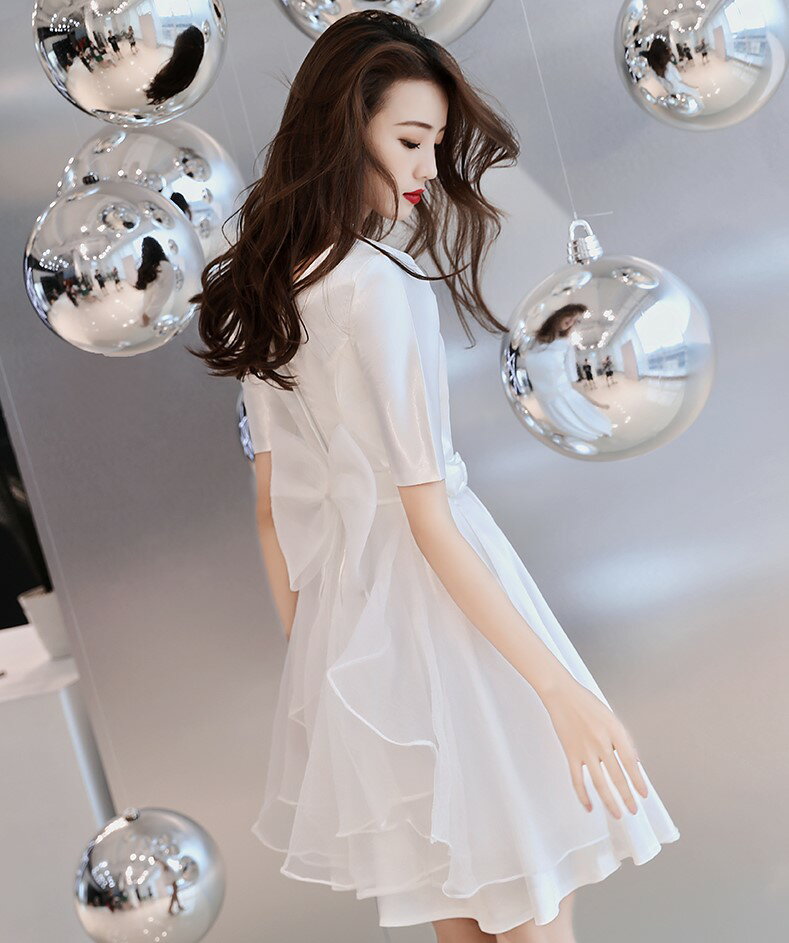 ウエディングドレス ウエストリボン ミニ Vネック 袖あり 五分袖 フレアスカート 大きいサイズ 3L 4L 小さいサイズ 花嫁 結婚式 二次会 ドレス ミニドレス