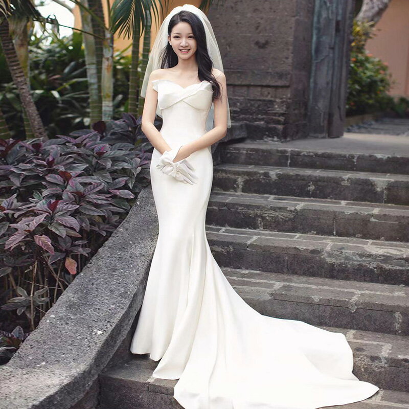ウエディングドレス マーメイドライン 大きいサイズ 白 ロングドレス トレーンドレス スレンダーライン 二次会 花嫁 結婚式 ベアトップ ノースリーブ