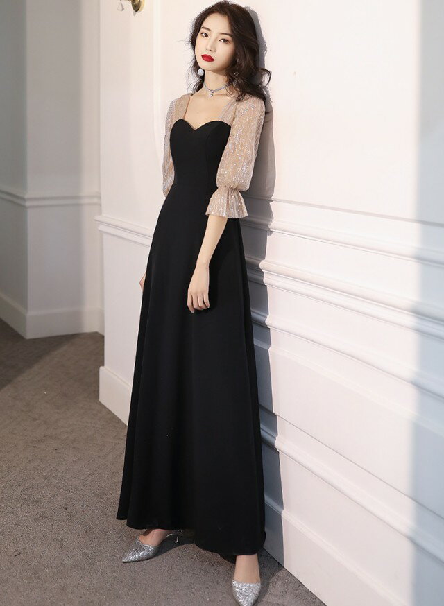 パーティードレス 赤 黒 ロングドレス 結婚式 お呼ばれ ドレス 袖あり Aライン 韓...