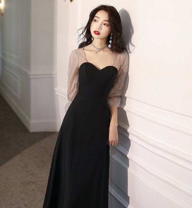 パーティードレス 赤 黒 ロングドレス 結婚式 お呼ばれ ドレス 袖あり Aライン 韓...