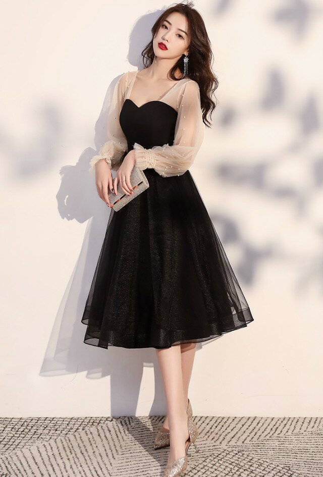 パーティードレス 結婚式 お呼ばれ ドレス ワンピースドレス 袖あり シアー袖 長袖 韓国 Aライン フレア 膝下丈 ミディアム 黒 大きいサイズ 3L 4L 小さいサイズ 成人式 二次会 フォーマル 大人可愛い パフスリーブ 20代 30代