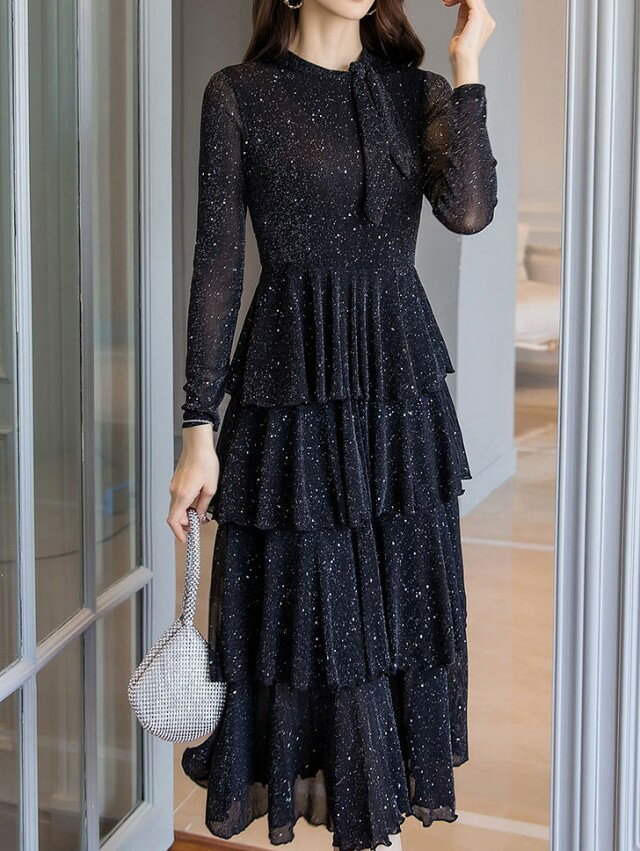 パーティードレス 結婚式 お呼ばれ ドレス ティアードワンピース ミモレ 長袖 袖あり ワンピースドレス ボウタイ スクエアネック 黒 韓国 シアー ラメ 20代 30代 大人可愛い きれいめ おしゃれ