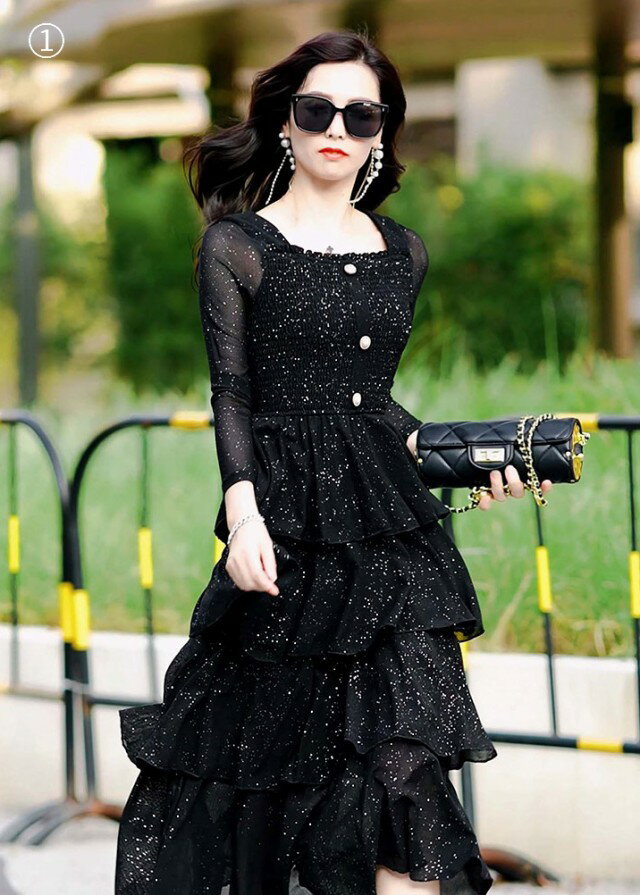 パーティードレス 結婚式 お呼ばれ ドレス ティアードワンピース ミモレ 長袖 袖あり ワンピースドレス ボウタイ スクエアネック 黒 韓国 シアー ラメ 20代 30代 大人可愛い きれいめ おしゃれ