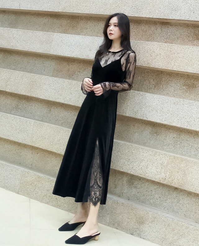 Rakuten - パーティードレス セットアップ レディース 結婚式 お呼ばれ ドレス 黒 韓国 シアー トップス シャツ シースルー ワンピースドレス Aライン ワンピース ロング ベルベット スリット 大きいサイズ おしゃれ きれいめ 20代 30代 40代