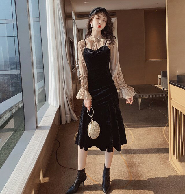 パーティードレス セットアップ レディース 結婚式 お呼ばれ ドレス 袖あり 大きいサイズ 黒 おしゃれ 韓国 ワンピースドレス フリル ブラウス キャンディスリーブ モックネック ハイネック タイト ワンピース 膝丈 ベルベット 20代 30代