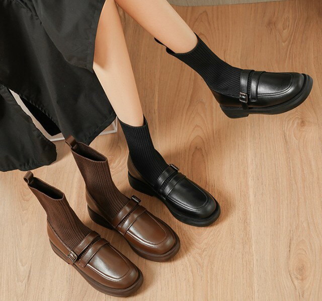 ローファー風 ソックスブーツ ショートブーツ レディース ローヒール ブーツ ショート 黒 秋冬 シンプル カジュアル おしゃれ きれいめ 秋 冬 ラウンドトゥ 歩きやすいのサムネイル