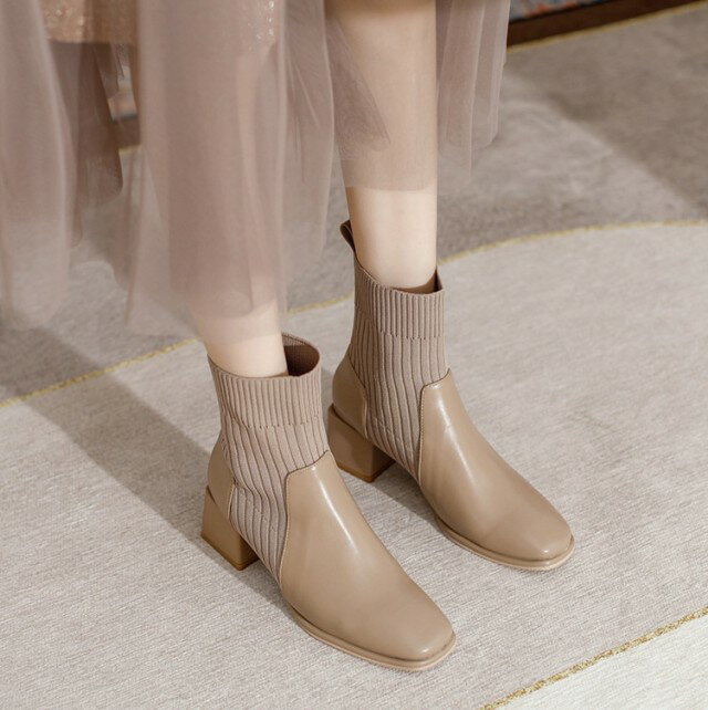 ソックスブーツ ショートブーツ レディース 太ヒール ローヒール ブーツ ショート ブロックヒール 裏ボ..