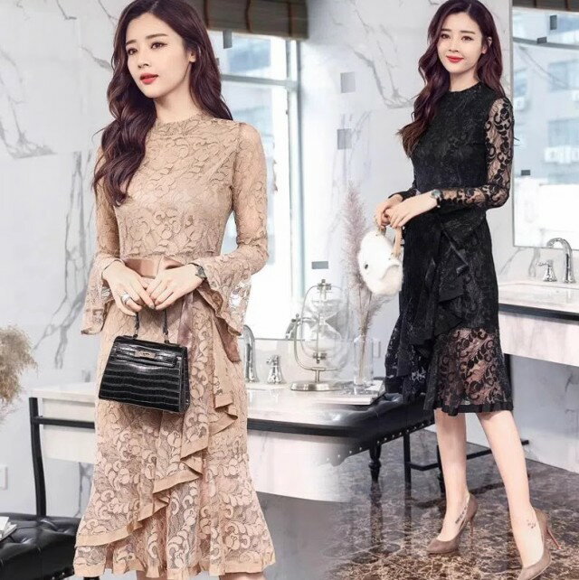 パーティードレス マーメイド ワンピース 結婚式 お呼ばれ ドレス 膝丈 袖あり 長袖 総レース タイト シアー 大きいサイズ 3L 4L 黒 20代 30代 40代 ベルスリーブ フリル ウエストマーク ウエストリボン セクシー 大人可愛い