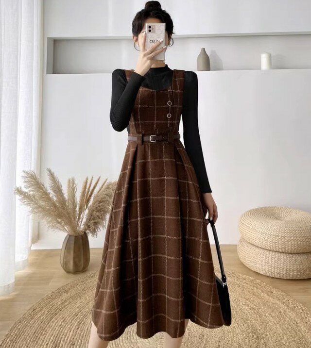 チェック柄 ジャンパースカート 秋冬 フレア Aライン ジャンスカ ワンピース レディース ミモレ丈 大きいサイズ レトロ 秋 冬 クラシカル フェミニン 韓国 ファッション おしゃれ カジュアル 大人可愛い