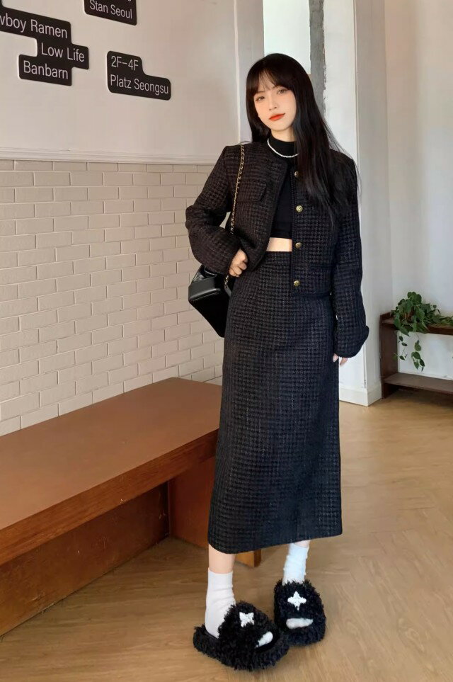 セットアップ スーツ レディース 上下セット きれいめ ツイード スカート Aライン ロング丈 ノーカラージャケット 大きいサイズ 3L 4L 5L 秋 冬 韓国 ファッション スリット シンプル エレガント 20代 30代 40代