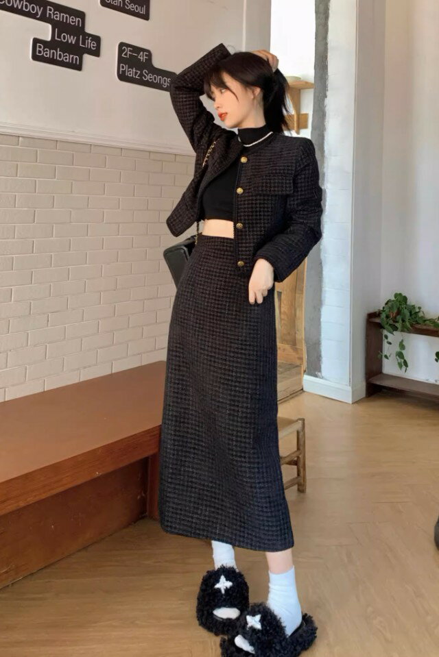 セットアップ スーツ レディース 上下セット きれいめ ツイード スカート Aライン ロング丈 ノーカラージャケット 大きいサイズ 3L 4L 5L 秋 冬 韓国 ファッション スリット シンプル エレガント 20代 30代 40代