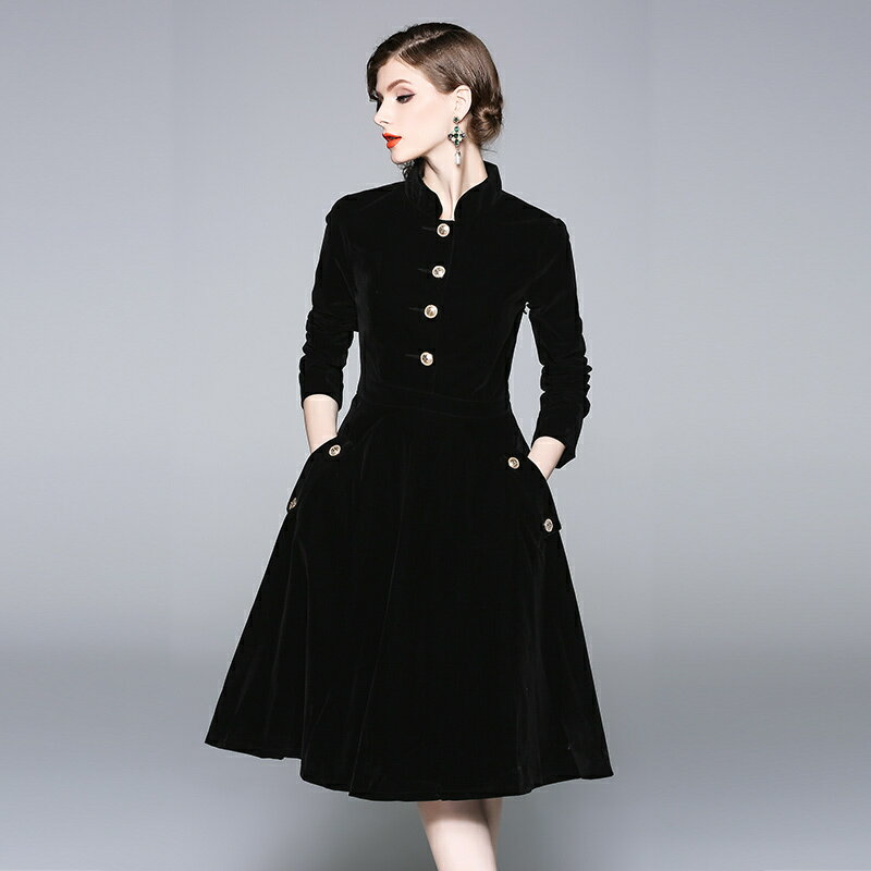 スタンドカラー ベルベット ワンピース フレア...の紹介画像3