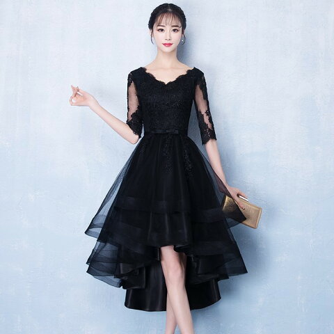 ドレス ブラック フィッシュテール スカート 韓国パーティードレス ロング丈 刺繍 ワンピースドレス チュール フレア 結婚式 お呼ばれドレス 大きいサイズ 3L 小さいサイズ
