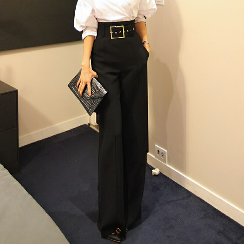 ハイウエスト ワイド パンツ レディース 綺麗め オフィス 韓国ファッション 華やか デート お出かけ 通勤服 春 秋 冬 黒 ボトムス 大きいサイズ 3L オフィス ウエストマークのサムネイル