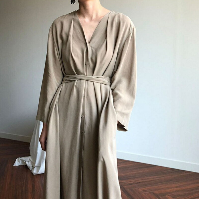 乐天商城 - ワンピース ロング 長袖 レディース マキシ丈ワンピース ガウン ウエストベルト ウエストマーク ウエストリボン シンプル カジュアル ゆったり 体型カバー こなれ感 春 秋 冬 新作
