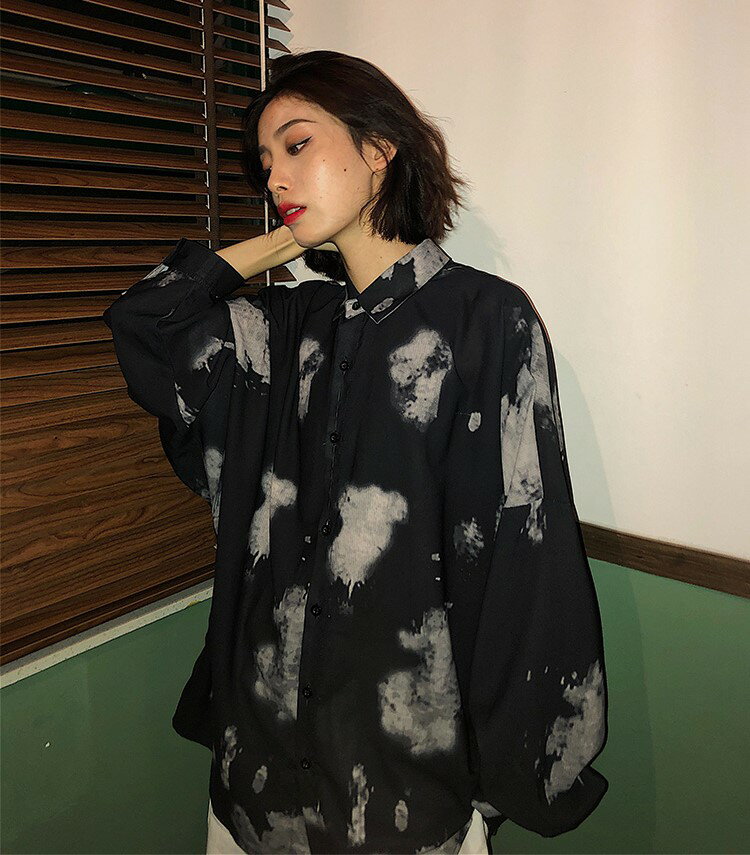 乐天商城 - 襟付き シャツ レディース 柄シャツ トップス 長袖 黒 ゆったり 羽織りもの 大きいサイズ 春 秋 春夏 オーバーサイズ ビッグシルエット レトロ カジュアル