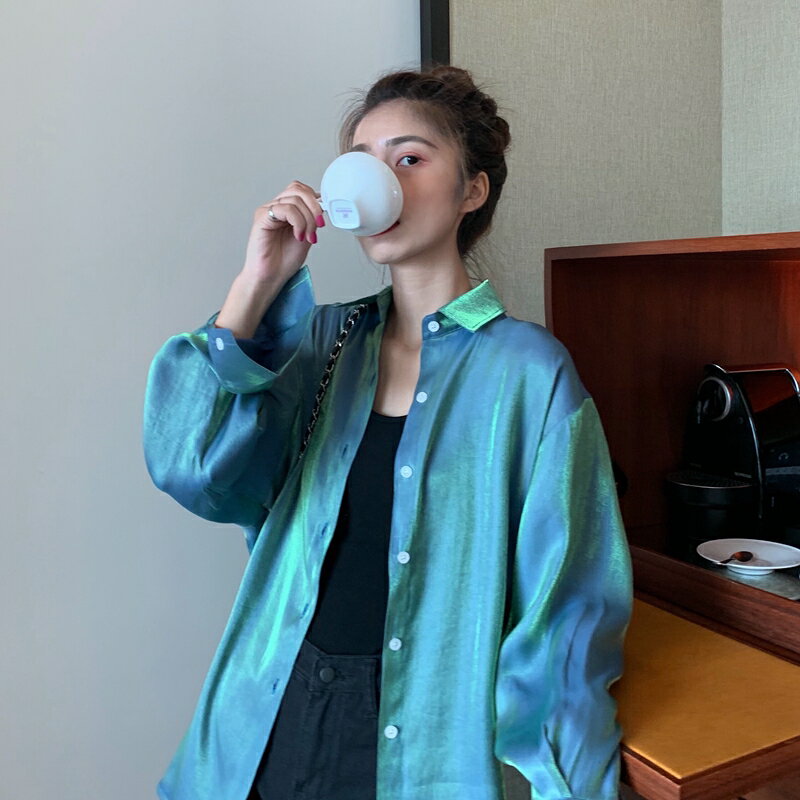襟付き シャツ ブラウス レディース トップス 長袖 羽織りもの 春 夏 秋 大きいサイズ カジュアル ゆったり メタリック オーロラ オーバーサイズ ビッグシルエット 個性的 韓国 ファッション