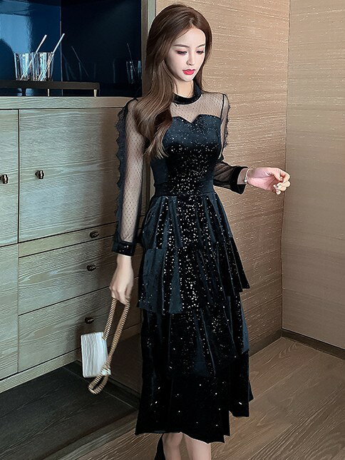 パーティードレス 黒 パーティードレス 韓国 即納 パーティードレス 袖あり 結婚式...