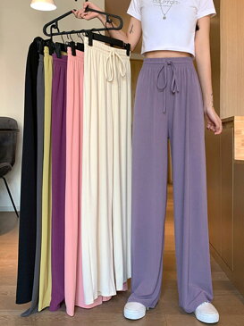 ワイドパンツ レディース ハイウエスト ボトムス パンツ 春 夏 黒 ウエストゴム ストレート 大きいサイズ 3L リラックスパンツ ウエストリボン 無地 カジュアル ゆったり シンプル