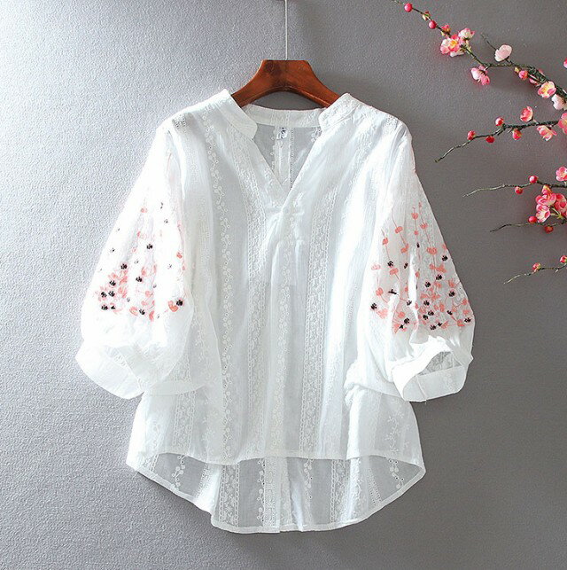 花柄 刺繍 ブラウス スキッパーシャツ シャツブラウス レディース トップス 春 夏 白 七分袖 五分袖 パフスリーブ 大きいサイズ 透け感 ゆったり バンドカラー スタンドカラー 小花柄 大人可愛い カジュアル