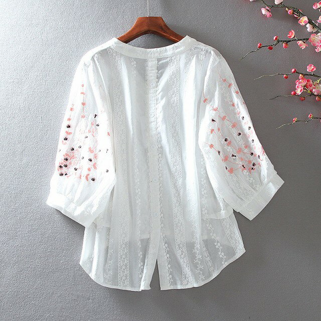 花柄 刺繍 ブラウス スキッパーシャツ シャツブラウス レディース トップス 春 夏 白 七分袖 五分袖 パフスリーブ 大きいサイズ 透け感 ゆったり バンドカラー スタンドカラー 小花柄 大人可愛い カジュアル