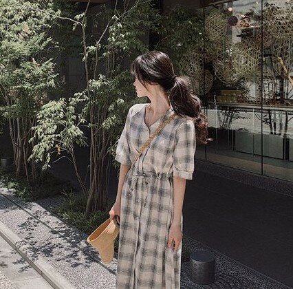 シャツワンピース ロング 半袖 レディース チェック ワンピース 春 夏 Aライン ウエストリボン ウエストマーク ゆったり 体型カバー 大きいサイズ 五分袖 Vネック ノーカラー おしゃれ カジュアル レトロ