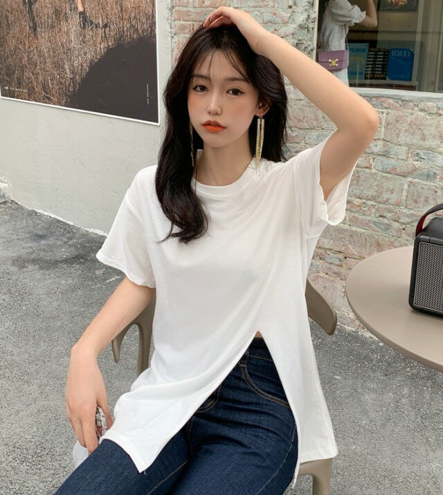 スリット Tシャツ ロングTシャツ レディース 半袖 トップス 春夏 クルーネック カットソー 無地 シンプル 半袖Tシャツ 大きいサイズ 3L カジュアル おしゃれ 白 黒 春 夏