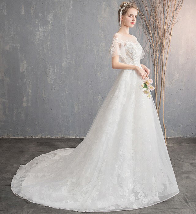ウエディングドレス Aライン 袖あり 白 結婚式 二次会 ドレス 花嫁 ロングドレス 大きいサイズ 3L 4L 小さいサイズ 花柄 刺繍 オフショルダー レースアップ シースルー チュール レース トレーン 上品