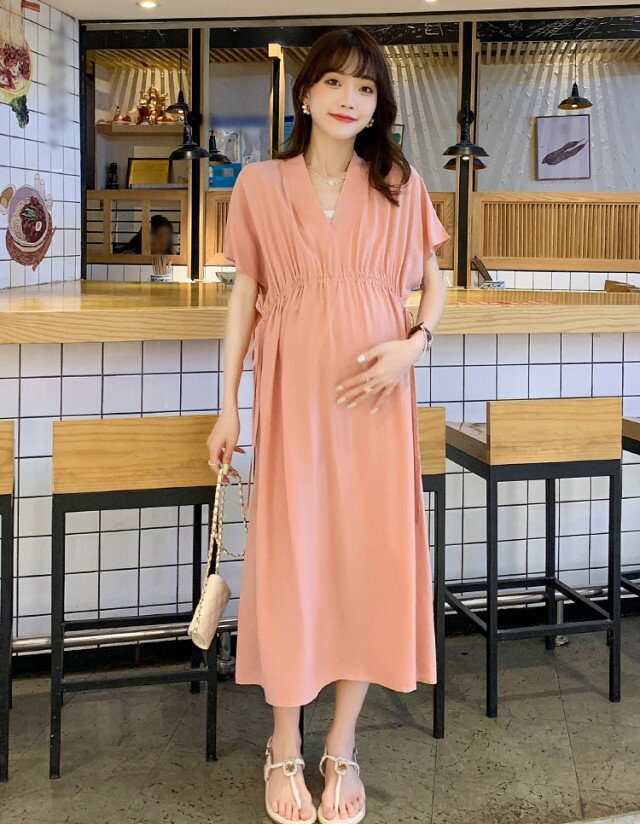 マタニティ ワンピース 半袖 ロングワンピース マタニティ ドレス ロング 結婚式 お呼ばれ 大きいサイズ 3L Vネック リボン 妊婦服 フレンチスリーブ 体型カバー ゆったり 韓国 きれいめ カジュアル おしゃれ 大人可愛い