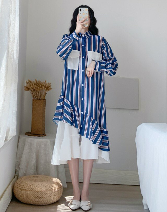 ストライプ 切り替えワンピース アシンメトリー ワンピース 長袖 ミモレ丈 シャツワンピース ドッキングワンピース レディース 大きいサイズ 3L 4L 5L 春 秋 可愛い おしゃれ カジュアル 可愛い 個性的 ポケット 韓国 ファッション