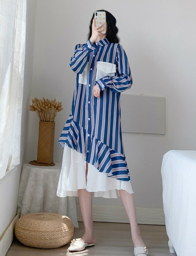 ストライプ 切り替えワンピース アシンメトリー ワンピース 長袖 ミモレ丈 シャツワンピース ドッキングワンピース レディース 大きいサイズ 3L 4L 5L 春 秋 可愛い おしゃれ カジュアル 可愛い 個性的 ポケット 韓国 ファッション