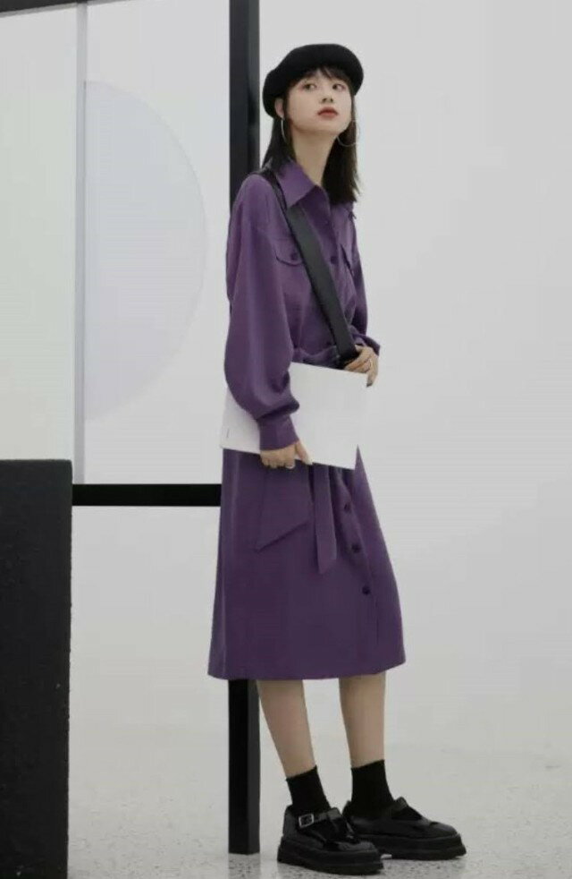 シャツワンピース ロング 長袖 ミモレ丈 ワンピース レディース 春 秋 ウエストマーク ウエストリボン 大きいサイズ 襟付き Iラインワンピース ボリューム袖 バルーンスリーブワンピース バルーン袖 シンプル カジュアル おしゃれ