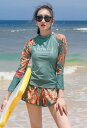 フィットネス水着 レディース セパレート ラッシュガード Tシャツ 長袖 水着 セット 体型カバー 大きいサイズ 3L 花柄 ボタニカル柄 ショートパンツ 露出控えめ 日焼け防止 海 ビーチ プール ママ 20代 30代 40代(4)