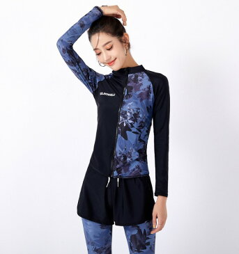 フィットネス水着 レディース セパレート 水着 5点セット ラッシュガード セット 体型カバー 長袖 大きいサイズ 3L ボタニカル柄 韓国 露出控えめ 日焼け防止 おしゃれ ビーチ 海 プール ママ 20代 30代 40代