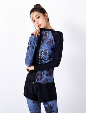 フィットネス水着 レディース セパレート 水着 5点セット ラッシュガード セット 体型カバー 長袖 大きいサイズ 3L ボタニカル柄 韓国 露出控えめ 日焼け防止 おしゃれ ビーチ 海 プール ママ 20代 30代 40代
