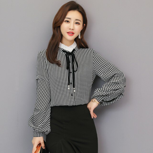 千鳥格子柄フリル襟シャツブラウスレ...