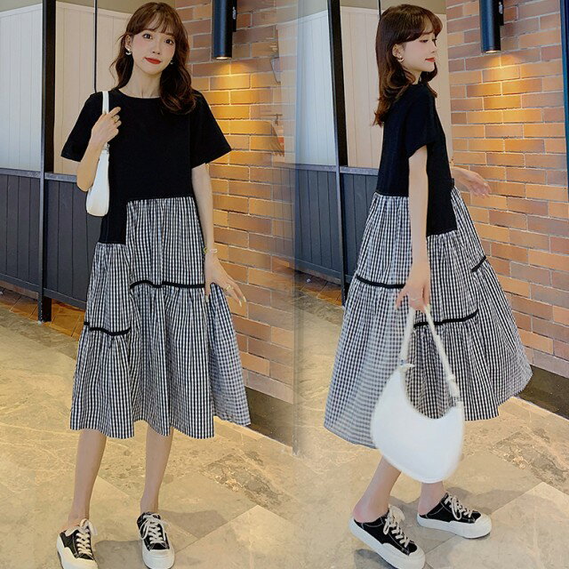 ギンガムチェック Tシャツ ワンピース レディース 夏 春 ドッキングワンピース 半袖 膝丈 黒 アシンメトリー シャツワンピース 切り替え 大きいサイズ 3L...