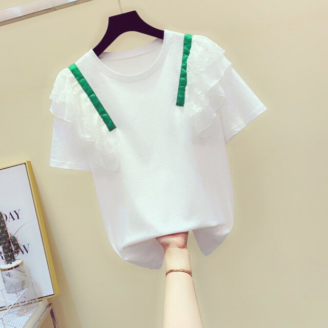 Rakuten - フリル トップス レディース Tシャツ カットソー 半袖 シャツ ブラウス クルーネック 大きいサイズ 白 春夏 夏 春 韓国 ファッション カジュアル 大人可愛い 個性的