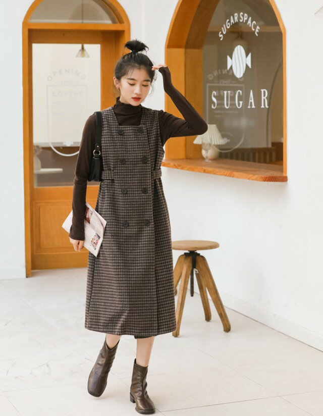 セットアップ レディース コーデセット ジャンパースカート チェック ワンピース 膝下丈 ミモレ ニット スタンドカラー ハイネック 長袖 秋冬 秋 冬 2点セ...