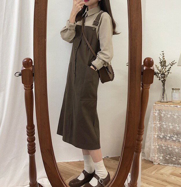 セットアップ レディース コーデセット ジャンパースカート ロング ミモレ丈 ワンピース 2点セット 秋冬 シャツブラウス 長袖 オールインワン サロペット スカート ジャンスカ 大きいサイズ 大人可愛い カジュアル 秋 冬