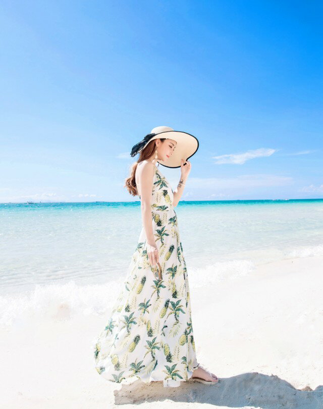 ロングワンピース 夏 パイナップル柄 マキシワンピ サマーワンピース リゾートワン...