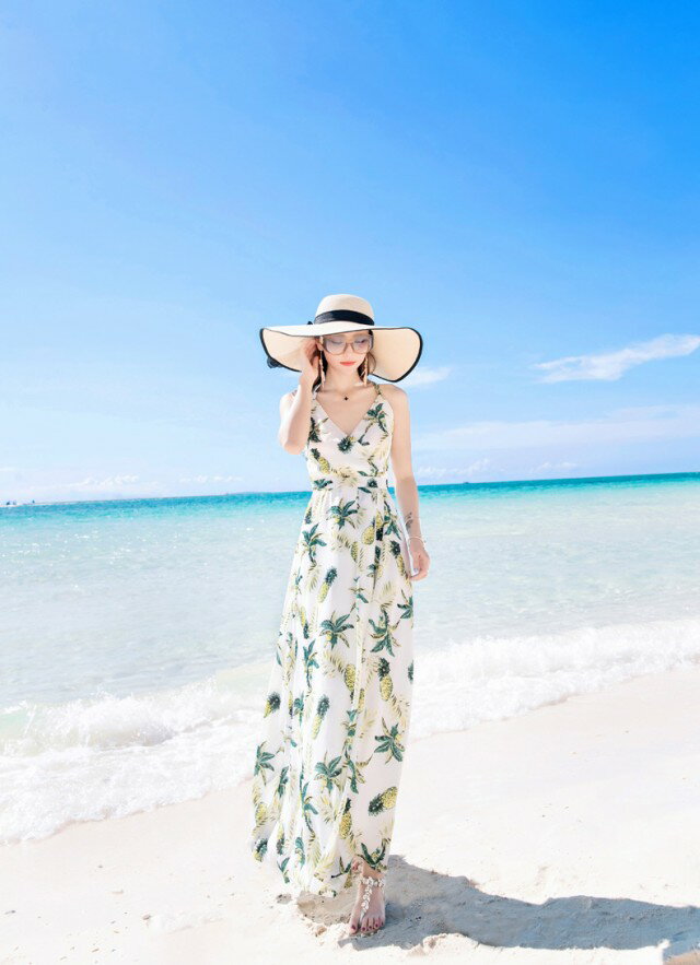 ロングワンピース 夏 パイナップル柄 マキシワンピ サマーワンピース リゾートワン...