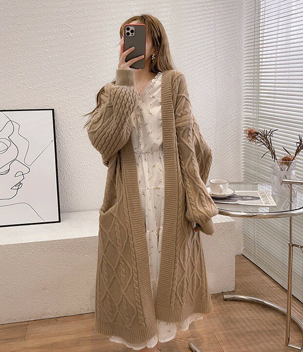 Rakuten - ガウン カーディガン レディース ロング ゆったり 秋冬 春 ニットカーディガン ロングカーディガン ケーブルニット 大きいサイズ 3L ドロップショルダー オーバーサイズ ビッグシルエット 黒 韓国 ファッション 大人可愛い 20代 30代 40代