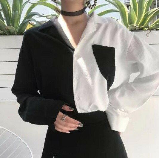 襟付きバイカラーシャツレディース長...